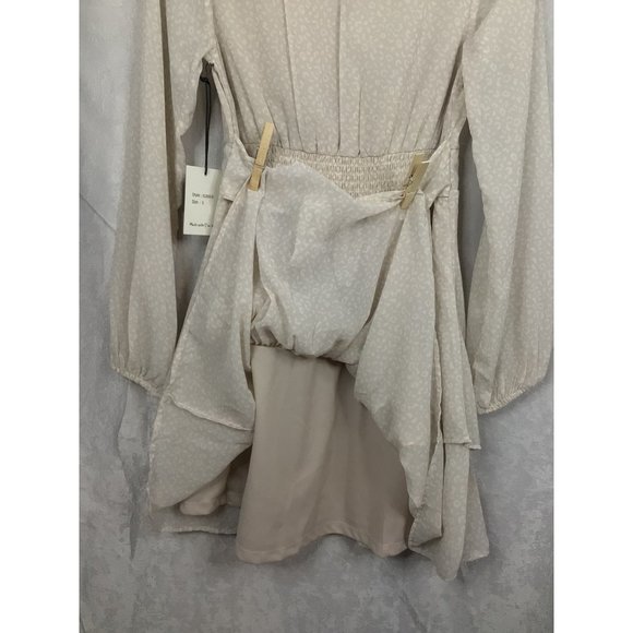 Japna Small A-Line Mini Dress Long Balloon Sleeve Layered Lined Tie Back V-Neck - Picture 9 of 12